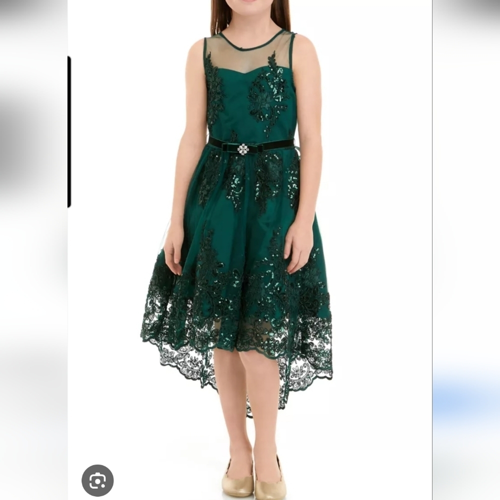 Rare Editions Embroidered Dark Green Teal Lace Overlay Dress Size 8